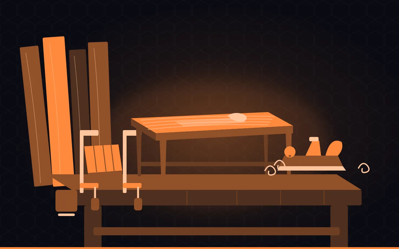 Flat-vector illustration of a hardwood dining table being finished on a workbench, hand plane and clamps beside it, a stack of boards behind